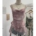 Swing Collar Mesh Printed Strapless Crop Top with Ruffled Ties