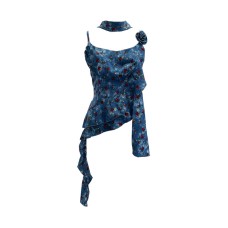 Irregular Ruffle Strap Floral Halter Neck Tie Short Top