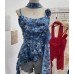 Irregular Ruffle Strap Floral Halter Neck Tie Short Top