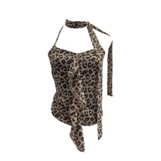 Ruffled Neck Leopard Print Strapless Top for Women