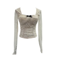 Square collar bow lace long sleeved base top
