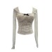 Square collar bow lace long sleeved base top