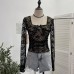 Square collar bow lace long sleeved base top