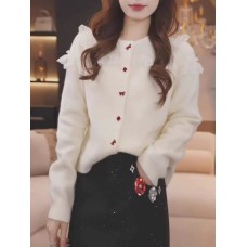 Ruffled Knit Cardigan Women's Design Sense Elegant Vintage Sweater Jacket