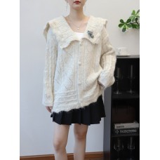 College Style Peter Pan Collar Knitted Cardigan Women Soft and Flower Sweater Coat Trendy