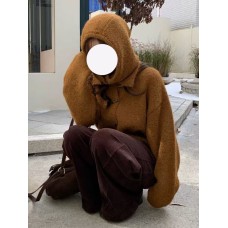 Retro Horn Button Knit Cardigan Women Loose Soft Sweater Coat with Hood