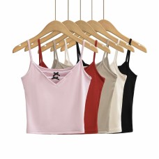 Bow V-neck Knitted Small Strap Tank Top for Women
