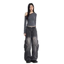 Silk Women's Water-Washed Loose Flare Cargo Denim Pants Baggy Trousers Silk Women's Water-Washed Loose Flare Cargo Denim Pants Baggy Trousers