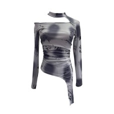 Irregular Design Long Sleeve Printed Hollow Tight Fitting Women's Top