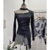 Irregular Design Long Sleeve Printed Hollow Tight Fitting Women's Top