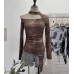 Irregular Design Long Sleeve Printed Hollow Tight Fitting Women's Top