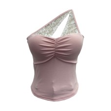 Lace hollowed out patchwork sloping shoulder short top Lace hollowed out patchwork sloping shoulder short top