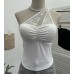 Lace hollowed out patchwork sloping shoulder short top
