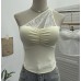 Lace hollowed out patchwork sloping shoulder short top