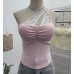 Lace hollowed out patchwork sloping shoulder short top