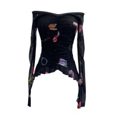 One collar off shoulder long sleeved mesh printed top