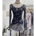 One collar off shoulder long sleeved mesh printed top