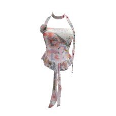 Printed neck hanging flower strapless sleeveless top