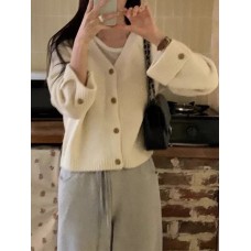 Style Solid Color V-Neck Cuffed Long Sleeve Knit Cardigan Women Loose Soft Wind Sweater Jacket