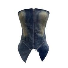 Irregular Zipper Spliced Washed Denim Strapless Top with Built-in Pads for Women