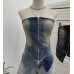 Irregular Zipper Spliced Washed Denim Strapless Top with Built-in Pads for Women