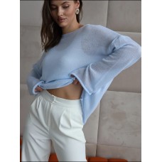 Thin Large Round Neck Flare Sleeve Knitted T-Shirt Women's Transparent Hollow Knitted Top