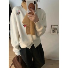 Vintage Heavy Embroidery Christmas Red Dog Knit Cardigan Women's Design Star Button Sweater Jacket
