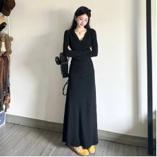Outfit Set High-Grade Black Hoodie Dress Women Long Dress