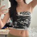 Contrast printed strapless crop top with exposed navel for slimming effect