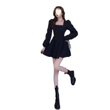 Little Girl Square Neck French Bubble Dress  Base Layer Waist-Cinching Pure Desire Hepburn Style Little Black Dress