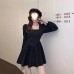 Little Girl Square Neck French Bubble Dress  Base Layer Waist-Cinching Pure Desire Hepburn Style Little Black Dress