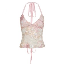 Sparkling splicing sexy hanging neck V-neck backless transparent slim fit top