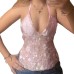 Sparkling splicing sexy hanging neck V-neck backless transparent slim fit top