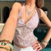 Sparkling splicing sexy hanging neck V-neck backless transparent slim fit top