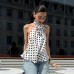Retro polka dot contrasting neck strap backless top