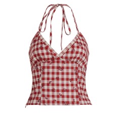 Retro red checkered V-neck halter strap
