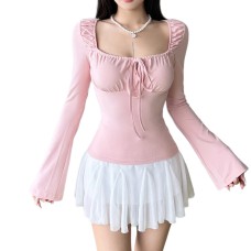 Pink square collar lace up long sleeved top Pink square collar lace up long sleeved top