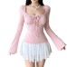 Pink square collar lace up long sleeved top Pink square collar lace up long sleeved top
