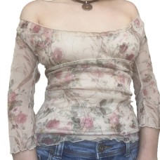 Round neck long sleeved printed mesh patchwork top for women