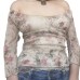 Round neck long sleeved printed mesh patchwork top for women