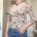 Round neck long sleeved printed mesh patchwork top for women