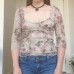 Round neck long sleeved printed mesh patchwork top for women