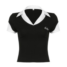 College style polo collar patchwork fake two short sleeved tops College style polo collar patchwork fake two short sleeved tops