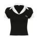 College style polo collar patchwork fake two short sleeved tops