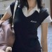 College style polo collar patchwork fake two short sleeved tops