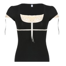 Color blocking patchwork lace square collar tie fresh and sweet top for women