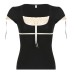 Color blocking patchwork lace square collar tie fresh and sweet top for women