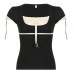 Color blocking patchwork lace square collar tie fresh and sweet top for women