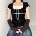 Color blocking patchwork lace square collar tie fresh and sweet top for women