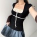 Color blocking patchwork lace square collar tie fresh and sweet top for women